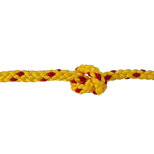 Yellow and red braided rope with a knot on a white background