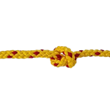 Yellow and red braided rope with a knot on a white background