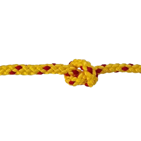 Yellow and red braided rope with a knot on a white background