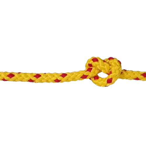 Yellow rope with red accents tied in a knot on a white background