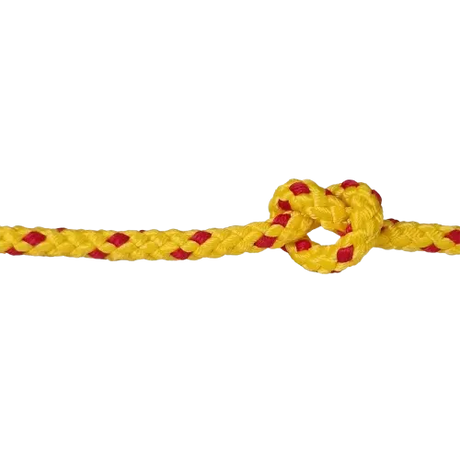 Yellow rope with red accents tied in a knot on a white background