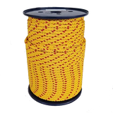 Spool of yellow rope with red accents on a white background