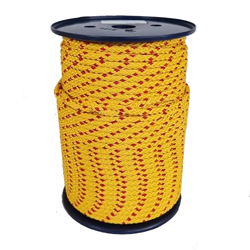 Spool of yellow rope with red accents on a white background